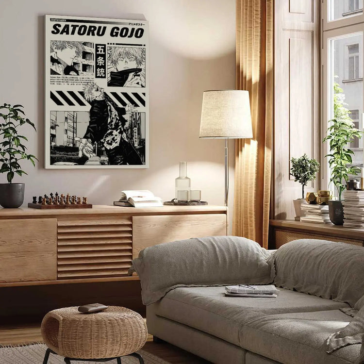 JJK Gojo Satoru & Geto Suguru Minimalist Canvas Wall Art Set - UV Resistant Anime Friendship Kanji Photo, Artistic Black-White Manga Print with A-Frame Hanging for Living Room, Bedroom Decor
