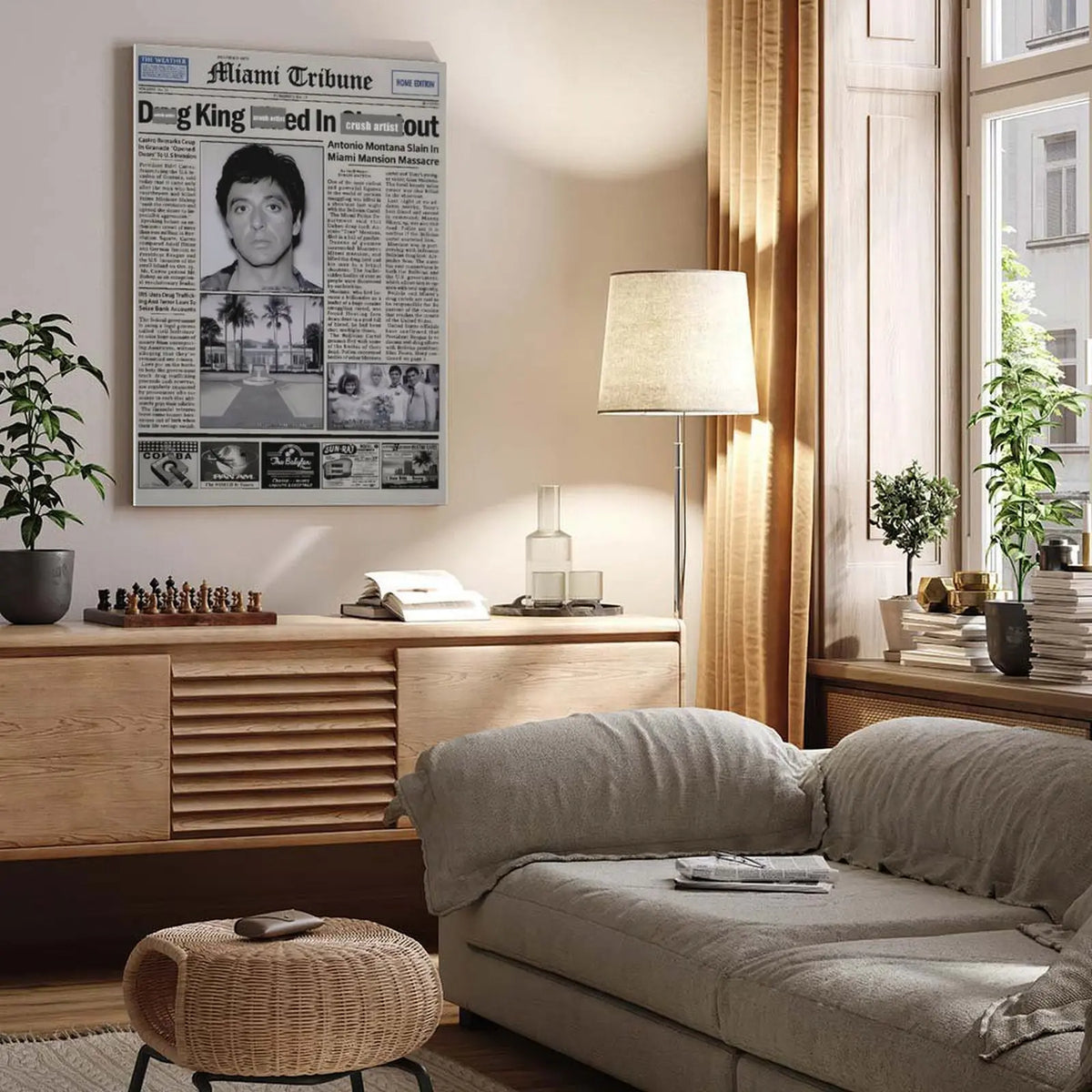 Pacino Tony Montana Newspaper Poster Print Scar Face Trendy Wall Art Canvas Collectible Gift for Movie Enthusiasts High-Quality Solid Wood Waterproof Design, Mafia Movie Poster, Gangster Canvas Wall Art, Man Cave Decor, Gift for Him, Office Decor