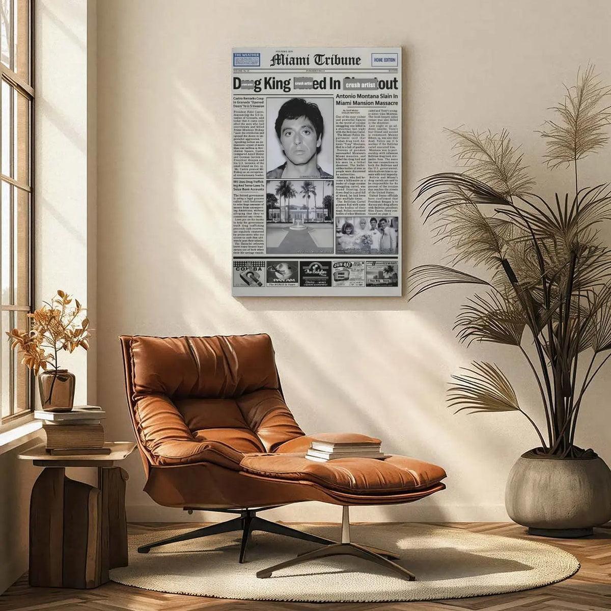Pacino Tony Montana Newspaper Poster Print Scar Face Trendy Wall Art Canvas Collectible Gift for Movie Enthusiasts High-Quality Solid Wood Waterproof Design, Mafia Movie Poster, Gangster Canvas Wall Art, Man Cave Decor, Gift for Him, Office Decor