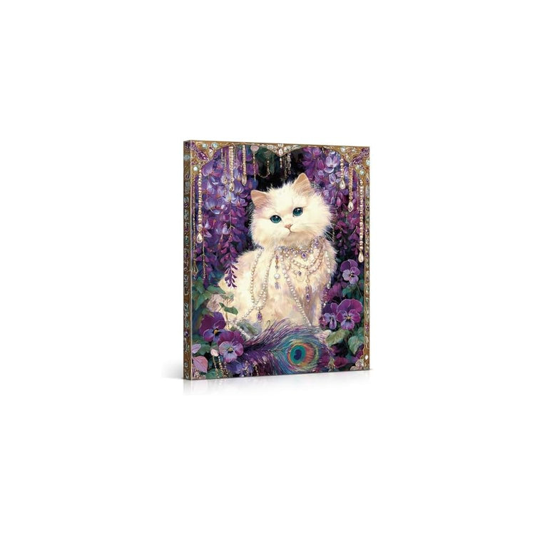 Vintage Cat Purple Floral Wall Art Decor Elegant Jewelry Cat Flowers Picture Painting Purple Aesthetic Artwork for Home Women Bedroom Wall Decor 8x10 Inch Canvas Framed