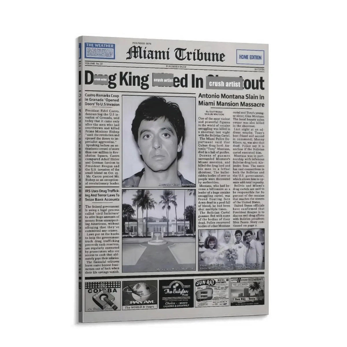 Pacino Tony Montana Newspaper Poster Print Scar Face Trendy Wall Art Canvas Collectible Gift for Movie Enthusiasts High-Quality Solid Wood Waterproof Design, Mafia Movie Poster, Gangster Canvas Wall Art, Man Cave Decor, Gift for Him, Office Decor