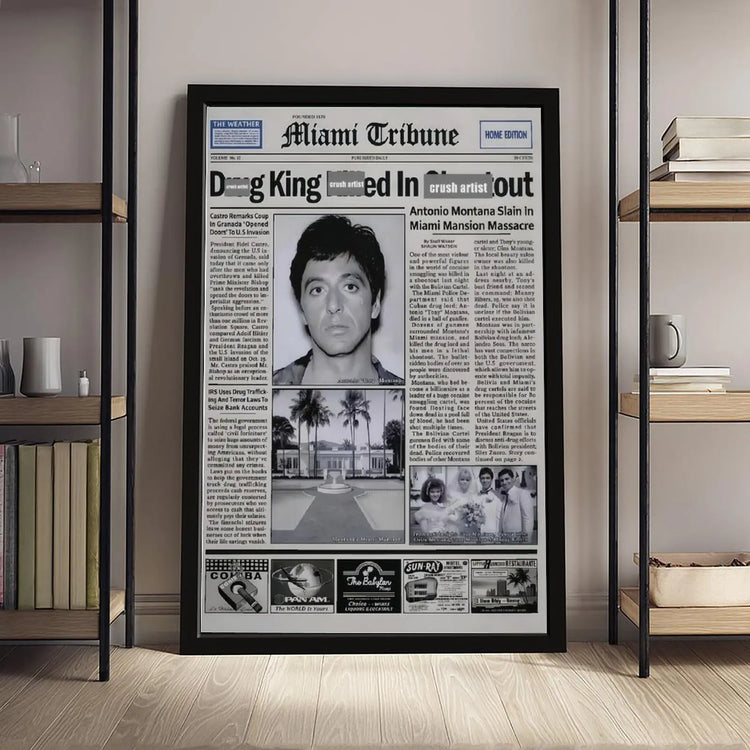 Pacino Tony Montana Newspaper Poster Print Scar Face Trendy Wall Art Canvas Collectible Gift for Movie Enthusiasts High-Quality Solid Wood Waterproof Design, Mafia Movie Poster, Gangster Canvas Wall Art, Man Cave Decor, Gift for Him, Office Decor