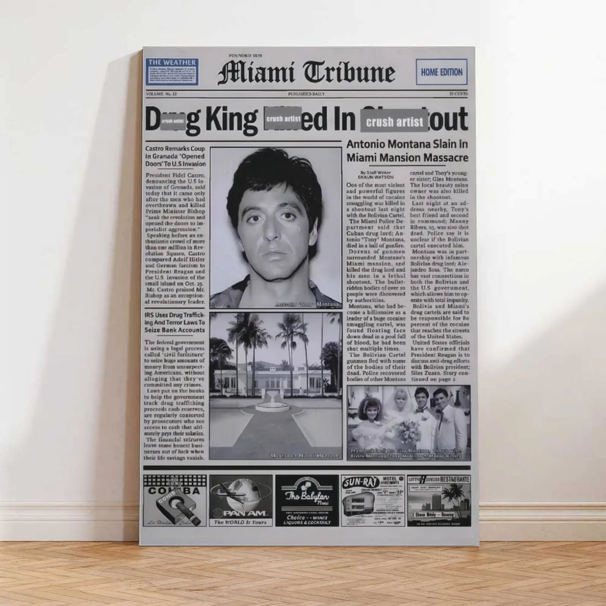 Pacino Tony Montana Newspaper Poster Print Scar Face Trendy Wall Art Canvas Collectible Gift for Movie Enthusiasts High-Quality Solid Wood Waterproof Design, Mafia Movie Poster, Gangster Canvas Wall Art, Man Cave Decor, Gift for Him, Office Decor