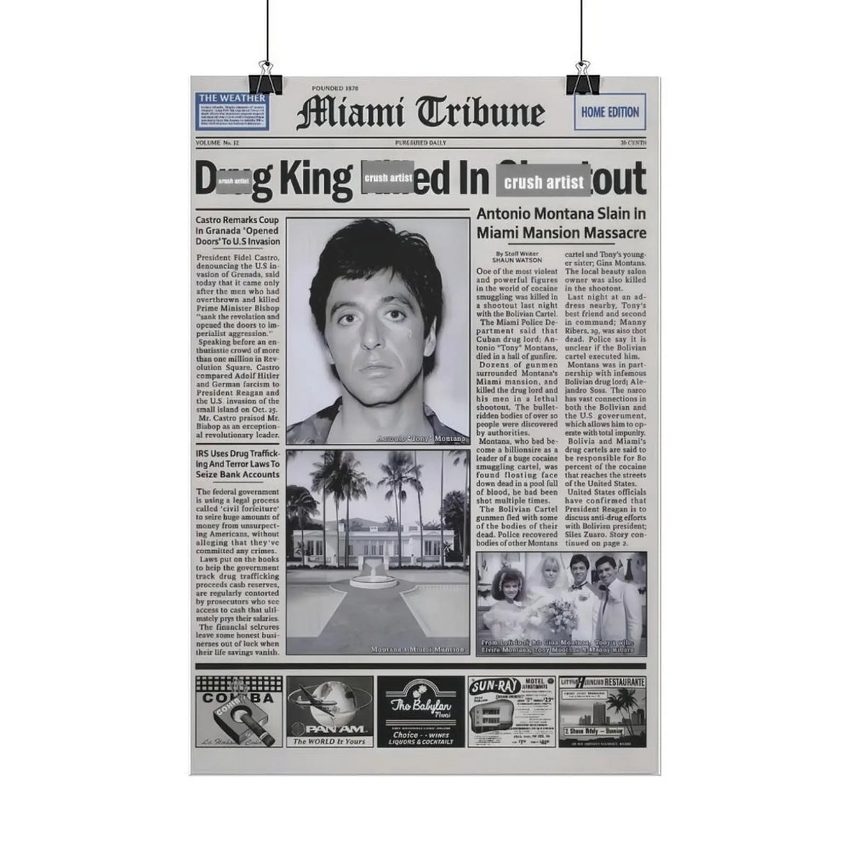 Pacino Tony Montana Newspaper Poster Print Scar Face Trendy Wall Art Canvas Collectible Gift for Movie Enthusiasts High-Quality Solid Wood Waterproof Design, Mafia Movie Poster, Gangster Canvas Wall Art, Man Cave Decor, Gift for Him, Office Decor