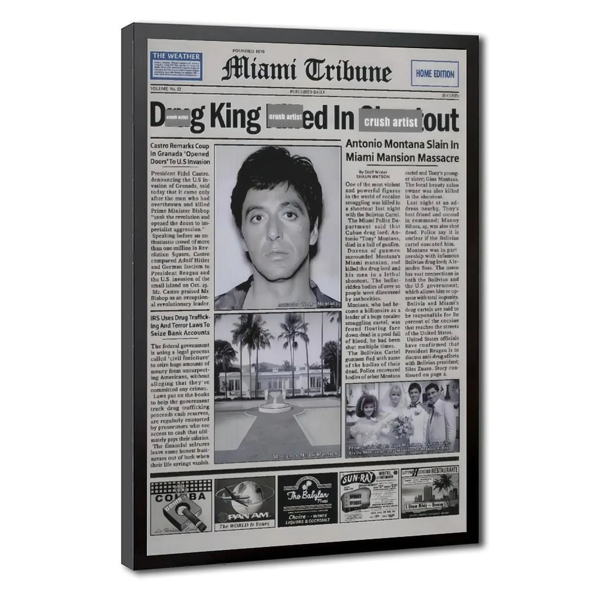 Pacino Tony Montana Newspaper Poster Print Scar Face Trendy Wall Art Canvas Collectible Gift for Movie Enthusiasts High-Quality Solid Wood Waterproof Design, Mafia Movie Poster, Gangster Canvas Wall Art, Man Cave Decor, Gift for Him, Office Decor