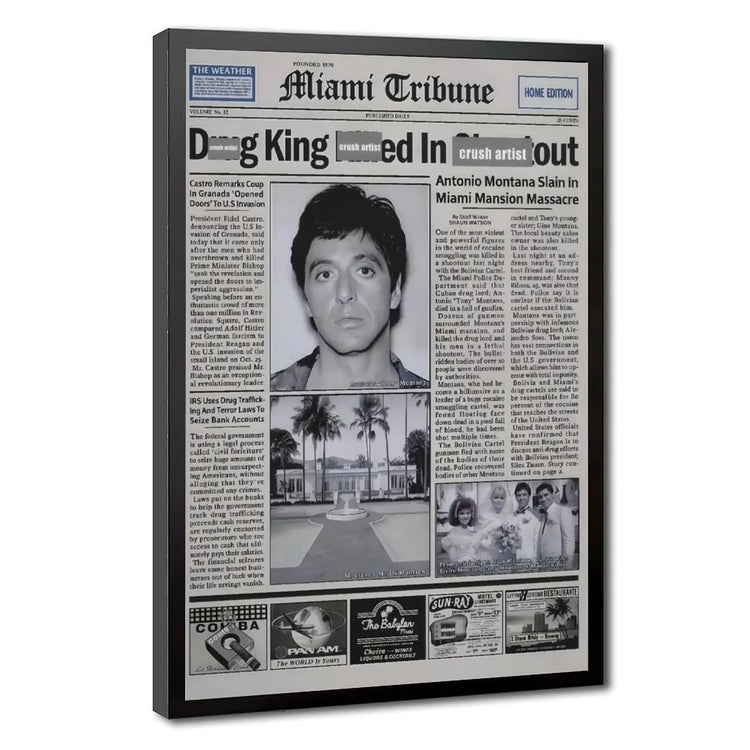 Pacino Tony Montana Newspaper Poster Print Scar Face Trendy Wall Art Canvas Collectible Gift for Movie Enthusiasts High-Quality Solid Wood Waterproof Design, Mafia Movie Poster, Gangster Canvas Wall Art, Man Cave Decor, Gift for Him, Office Decor