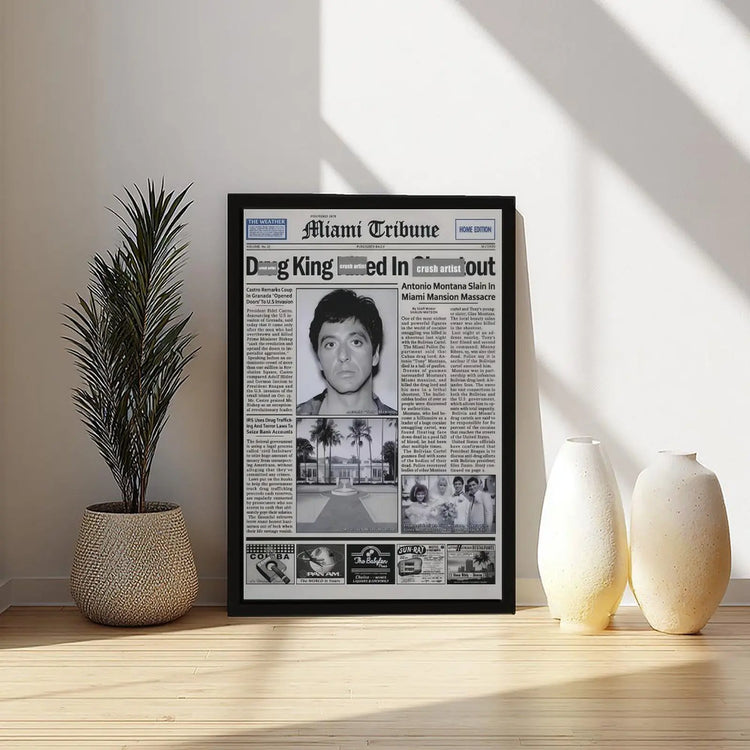 Pacino Tony Montana Newspaper Poster Print Scar Face Trendy Wall Art Canvas Collectible Gift for Movie Enthusiasts High-Quality Solid Wood Waterproof Design, Mafia Movie Poster, Gangster Canvas Wall Art, Man Cave Decor, Gift for Him, Office Decor